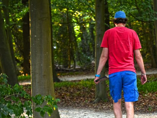 Persoon die alleen wandelt door een groen park op een zomerse dag