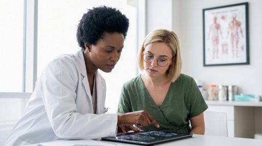 Vrouw in gesprek met een arts tijdens een medisch consult