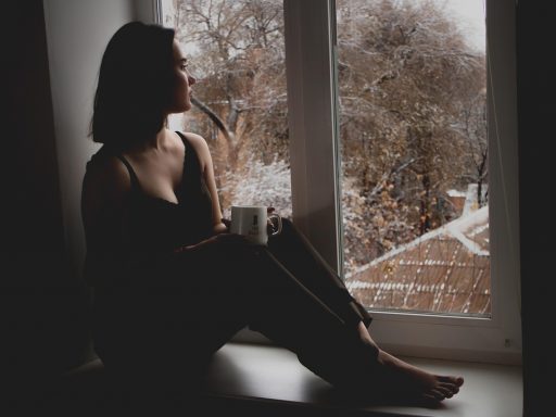 Vrouw die bij een raam zit op een bewolkte herfstdag en naar buiten kijkt